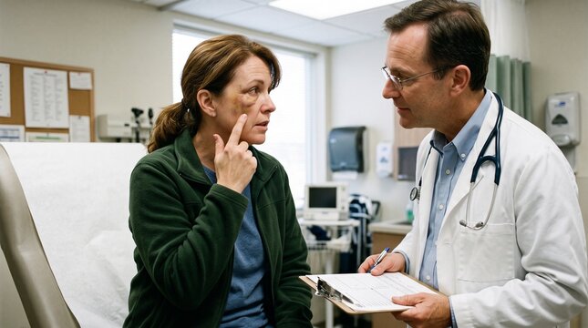 Doctor Consults Patient With Bruised Eye in Medical Examination Room