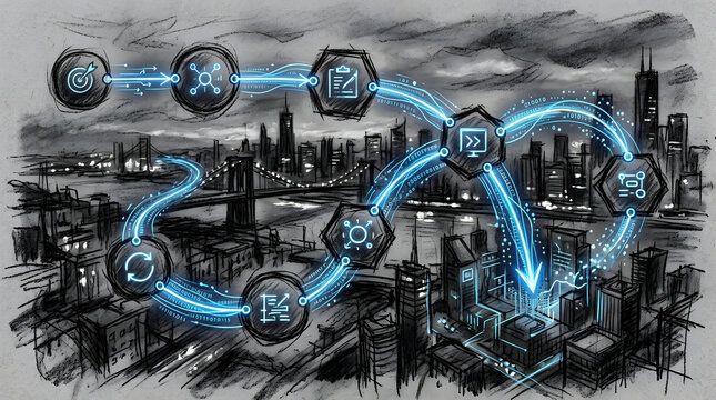Agentic AI Executing Multi Step in charcoal sketch and digital painting style, representing multi-step agentic AI pipelines planning and executing complex tasks across tools.