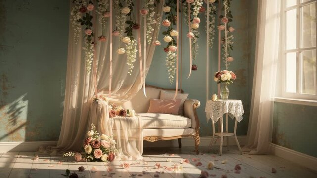 Cozy vintage corner bathed in soft sunlight with delicate hanging roses and warm inviting atmosphere