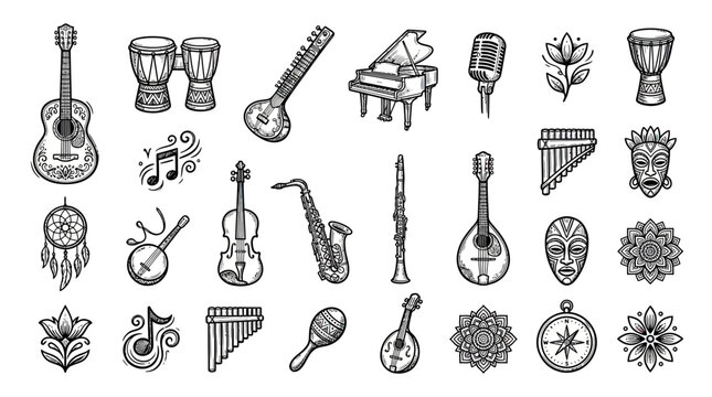 Diverse Musical Instruments and Symbols Collection
