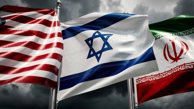 Three flags of the United States Israel and Iran flutter dramatically against a clear sky