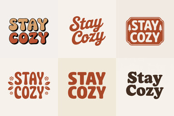 Fototapeta premium Stay cozy lettering collection featuring cursive and sans serif fonts with autumn floral and woodland motifs for rustic decor.