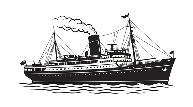 Vintage Steamship Sailing on Water with Smoke Stack