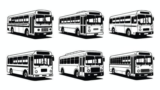 A black and white illustration of six different buses in various positions.