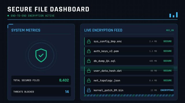 Secure file dashboard, cybersecurity interface with system metrics and live encryption feed, digital environment, symbolizing data security and online protection for business and technology.