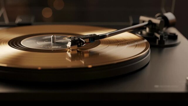 Close up of a golden vinyl record spinning smoothly on a sleek modern turntable with warm ambient lighting