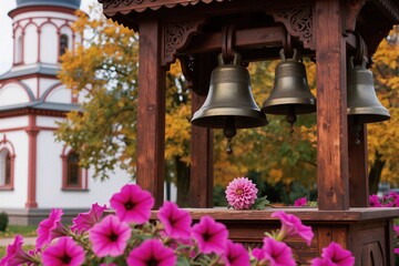 Obraz premium Brass bells hang in wooden belfry near orthodox church. Bright pink petunias bloom around structure. Autumn trees with yellow foliage form background.