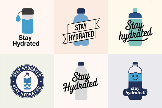 Stay hydrated water bottle logos with refreshing beverage themes and healthy lifestyle typography for drinking water campaign.