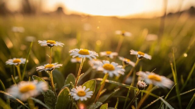 Close up of white daisies blooming in a sunlit meadow with morning dew and warm golden light