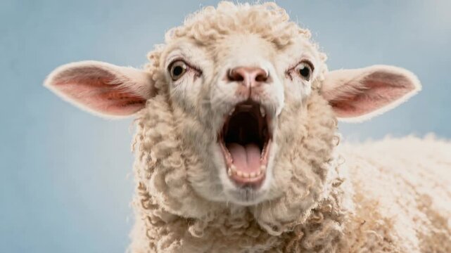 Joyful fluffy sheep bleating happily under bright clear sky with curly wool in natural outdoor setting