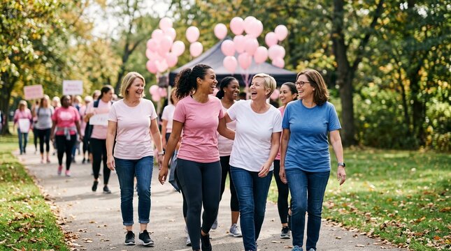 Diverse group of women walking together in a park during a breast cancer awareness event with pink balloons