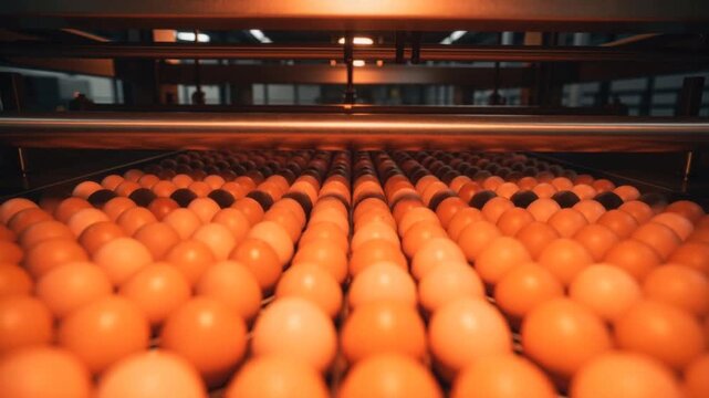 Rows of brown eggs on conveyor belt in modern egg processing factory with warm lighting