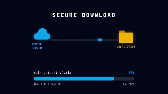 Secure file download process, detailed visual description of progress bar and icons, context of remote server to local drive transfer, symbolizing data transfer and cybersecurity