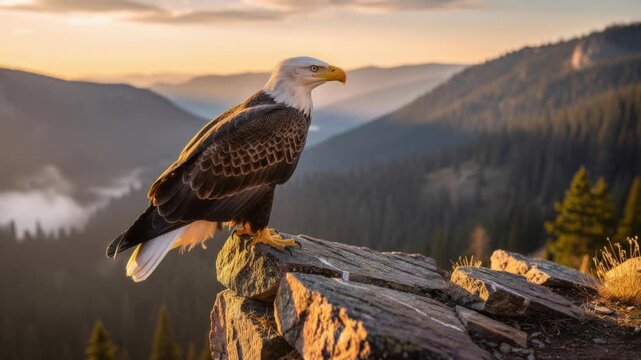 Majestic bald eagle perched on rocky cliff with scenic mountain landscape during golden sunset