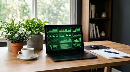 Fototapeta premium Modern Home Office with Laptop Displaying Business Intelligence Data Analytics Dashboard and Potted Plants