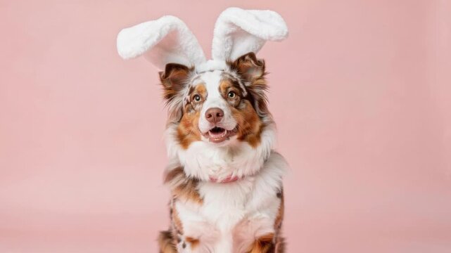 Happy Australian Shepherd dog wearing cute white bunny ears on pink background