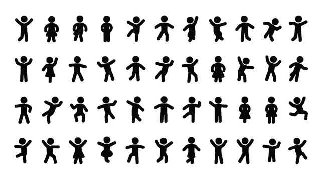 A collection of 25 black and white people stick figures dancing in various poses and movements