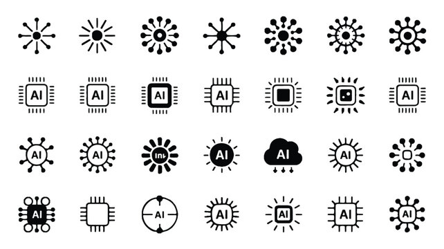 A digital illustration of modern technological symbols and icons featuring various AI and robotic designs.