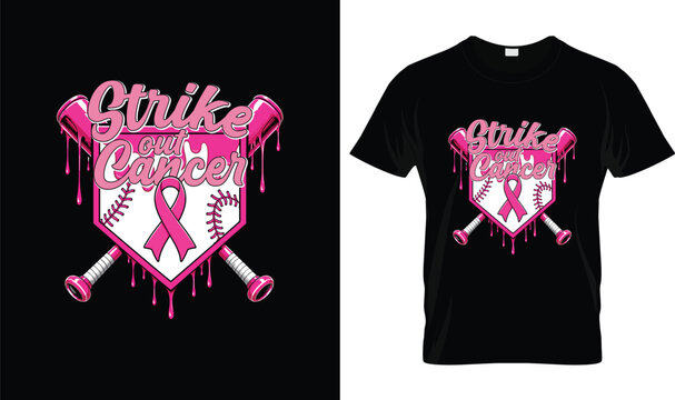 Breast Cancer Awareness T-Shirt Design with Strike Out Cancer Baseball, Pink Ribbon, Softball Bats and Home Plate Graphic for Survivor Support and Awareness Month
