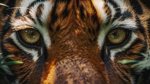 Close up of fierce tiger eyes in natural habitat with detailed fur pattern and intense gaze