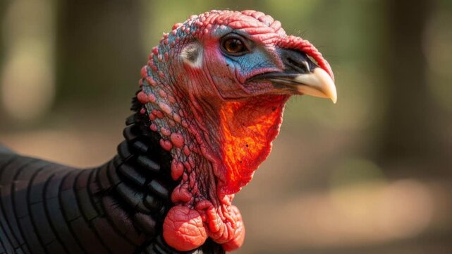 Close up of a wild turkey with detailed feathers and vibrant red and blue skin in natural outdoor setting