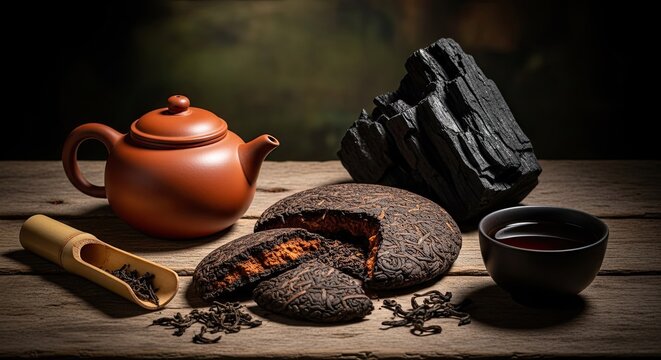 Pu-erh Tea Ceremony: Aged Tea Cake, Teapot, Cup, and Charcoal