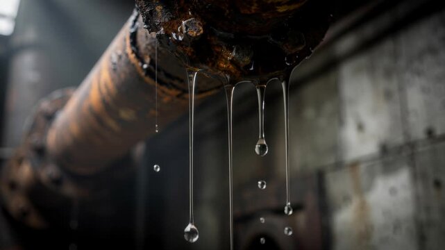 Close up of rusty industrial pipe leaking clear liquid drops in a factory setting with blurred background