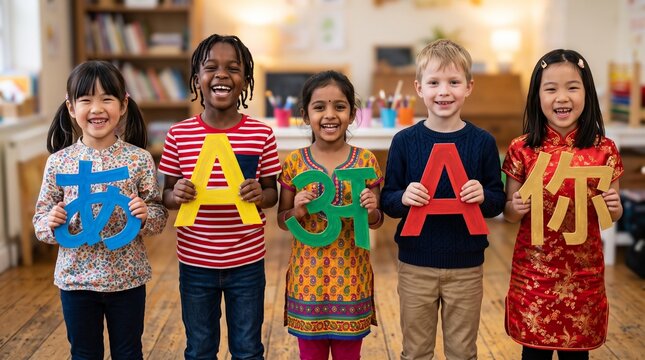Children of different nationalities holding letters from different alphabets &mdash; the photo should be high-quality, clear and detailed, with an isolated background, natural emotions, and realistic clothi