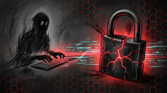 AI Cyberattack Padlock Ghost Key in charcoal sketch and digital painting style, representing AI-powered cyberattacks, deepfake phishing, autonomous hacking tools, and security exploits.