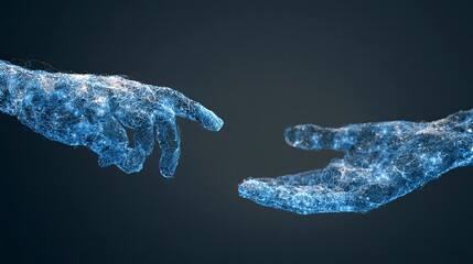 Naklejka premium Digital Representation of Hands Reaching Out with Blue Particle Effects in Dark Background