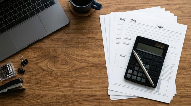 Tax Preparation Workspace with 1040 Forms, Calculator, and Laptop for Financial Planning