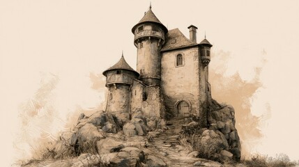 Fototapeta premium Enchanting Stone Castle on Rocky Hill with Turrets and Tower