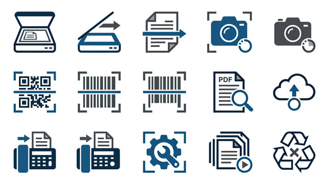 Digital document scanning and data processing icons for technology and business