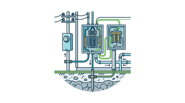 Electrical panel and grounding rod system illustration.