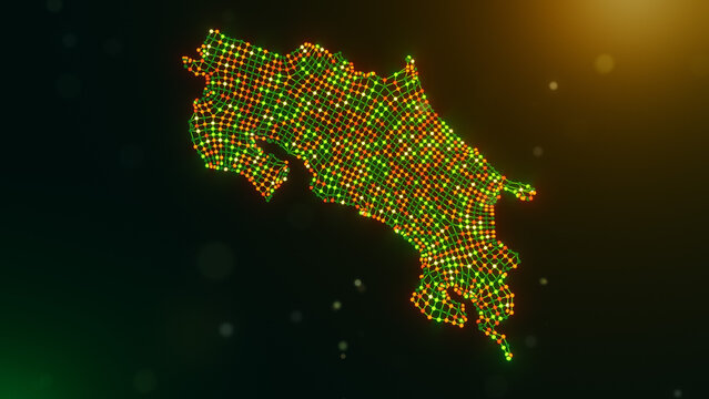 Abstract Costa Rica map formed by wavy interconnected nodes and lines over a glowing green yellow orange bokeh background, symbolizing digital infrastructure and intelligent connectivity.
