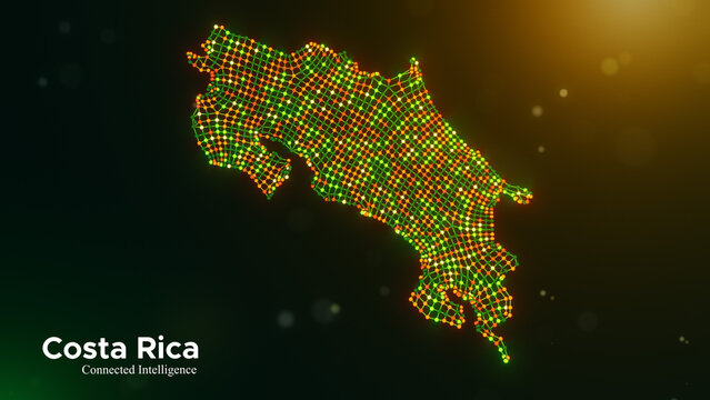 Costa Rica connected intelligence concept featuring a digital node network map and modern typography on a vibrant green yellow orange technology background with glowing bokeh lights.