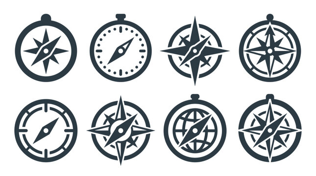 Nautical compass icon set, vintage wind rose and navigation symbols, 8 black vector elements for travel and adventure branding