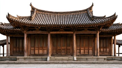Obraz premium Traditional East Asian Wooden Temple with Curved Roof and Elevated Platform