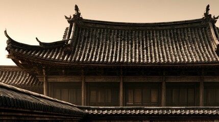 Fototapeta premium Traditional Asian Temple Roof Structure with Ornamental Detailing and Curved Design