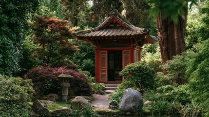 Fototapeta premium Traditional Japanese Garden Pavilion Surrounded by Lush Trees and Natural Landscape