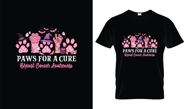 Breast Cancer Awareness T-Shirt Design &ndash; Paws for a Cure with Pink Dog Paw Prints, Halloween Theme, Witch Hat, Zombie Paw, Pet Lover Vector Graphic