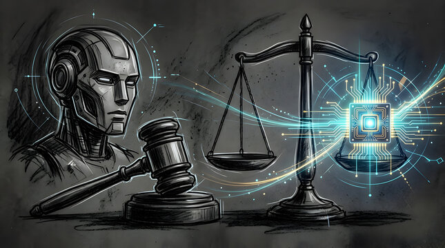AI Regulation Scales Of Justice in charcoal sketch and digital painting style, representing AI regulation, governance, policy frameworks, scales of justice, and legislative acts.
