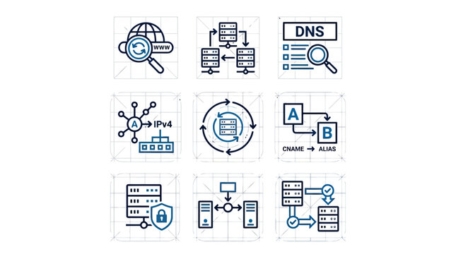 Network and internet technology icons set server dns data transfer