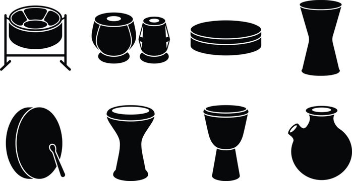 Black Silhouette World Percussion Instruments Icon Set - Djembe Udu Frame Drum