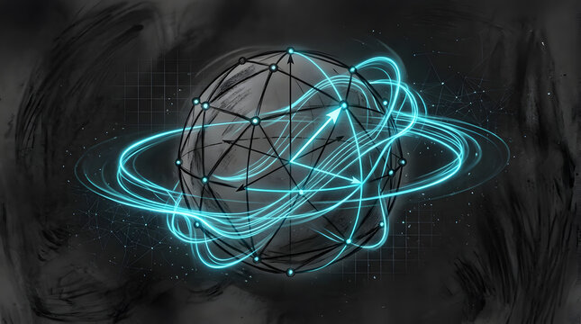 Geometric Qubit Sphere Wave Lines in charcoal sketch and digital painting style, representing quantum computing supremacy, qubits, superposition wave lines, and advanced cryptography.