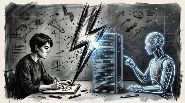 Human AI Brainstorming Session in charcoal sketch and digital painting style, representing human-AI collaboration, showing side-by-side teamwork, co-pilots, pair programming, and decision support.