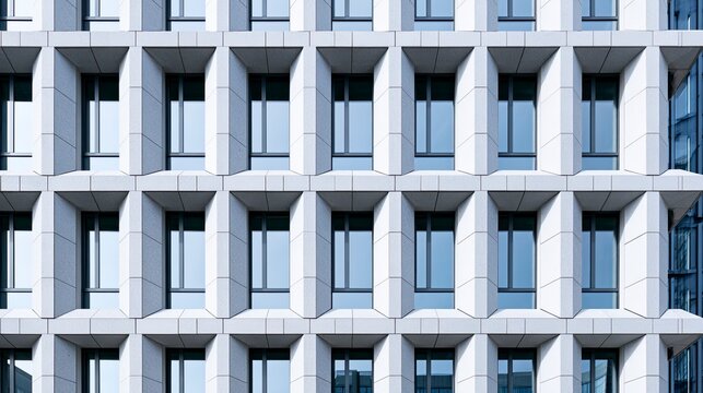 Modern Urban Building Facade with Geometric Window Patterns and Structural Design