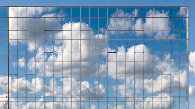 Modern office building with reflective glass exterior showing sky and clouds