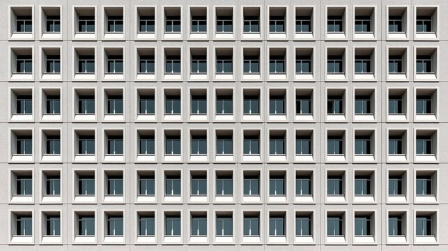 Modern high-rise office building facade with grid pattern of windows and concrete structure