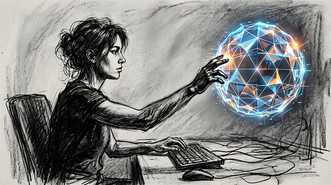 Human AI Pair Programming Charcoal in charcoal sketch and digital painting style, representing human-AI collaboration, showing side-by-side teamwork, co-pilots, pair programming, and decision support.